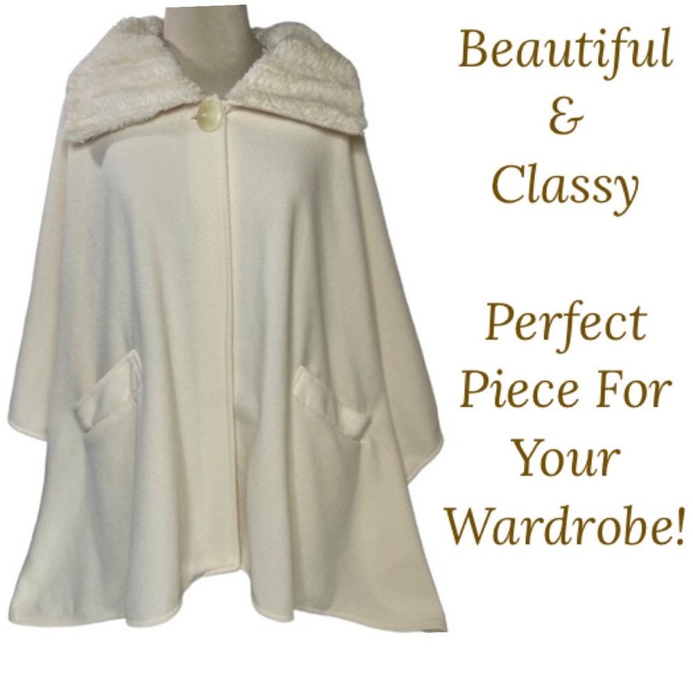 Luxury Cape Coat Fur Collar Button Shawl Wrap Winter White Ivory Whimsy Coquette - Picture 13 of 13